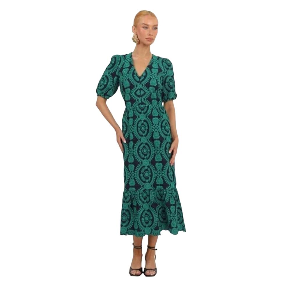 ADELYN RAE $158 legacy embroidered midi navy green dress Size XS